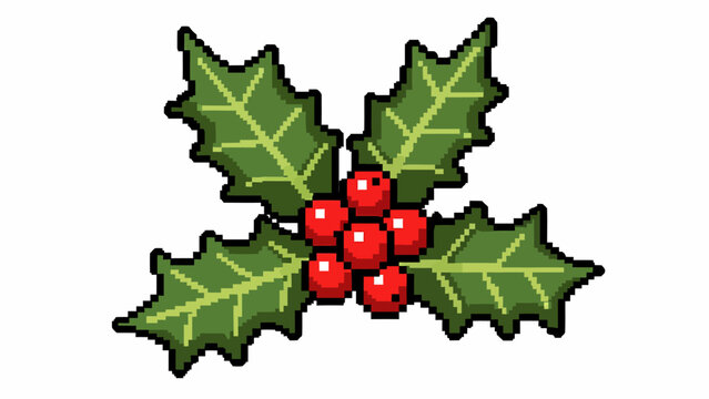 Pixelated Holly Berry Sprig with Green Leaves and Red Berries