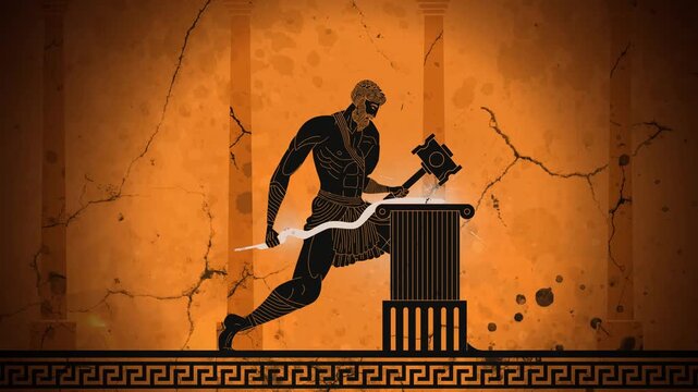 hephaestus the divine blacksmith works at his forge hammering glowing metal