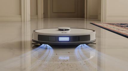 Robotic Vacuum Cleaner with Blue Sensor Lights Actively Cleaning Tile Floor in Smart Home Interior