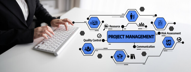 This image illustrates the concept of project management with visual icons that represent various elements such as planning, communication, and risk assessment in a modern workspace. Tessel