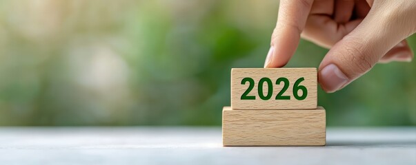 Hand placing a wooden block with the year 2026, symbolizing planning, new beginnings, opportunity, and future goals