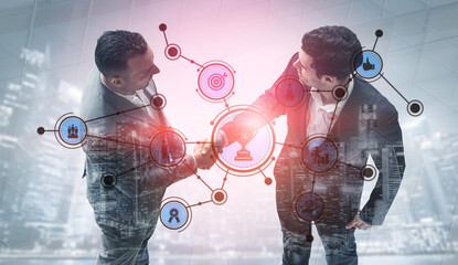This image captures a moment of business collaboration through a handshake, surrounded by network icons, symbolizing success and professional growth amidst a city backdrop. Tessel