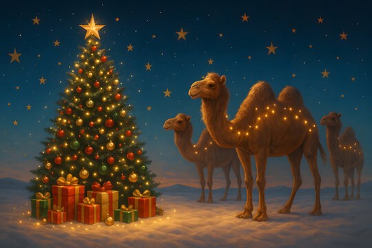 Christmas night scene with camels in a festive winter setting - Powered by Adobe