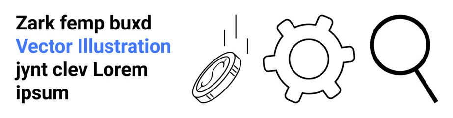 Technology, mechanics, data search, innovation, exploration, problem-solving. Line art of a gear, magnifying glass and coin token. Technology and mechanics through clean vector elements