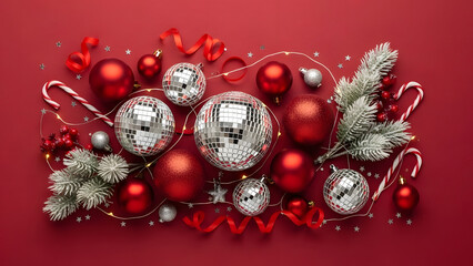Christmas tree decorations on a festive red background with ornaments and baubles