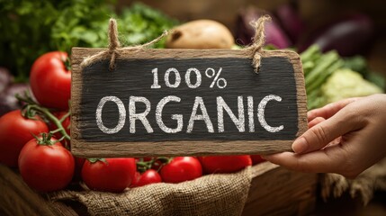 Fresh organic vegetables on display with a sign showcasing 100 percent organic produce in a market setting