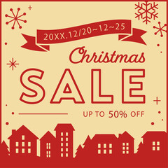 街並みシルエットのクリスマスセールPOP（ベージュ&times;赤・冬の販促バナー）
