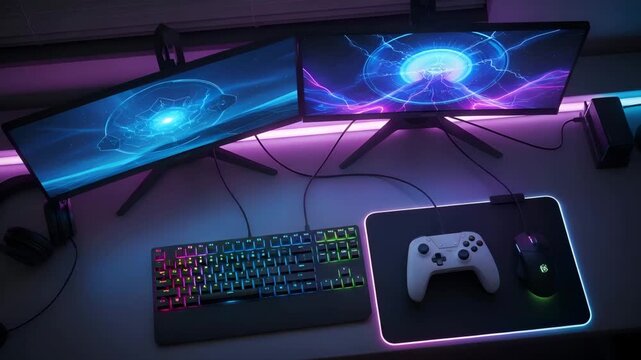 Dynamic gaming setup with dual monitors, RGB keyboard, and sleek controller ready for intense action and immersive gameplay