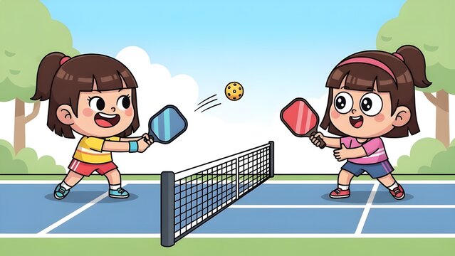 girls playing pickleball &mdash; two girls in a friendly match, cute cartoon style
