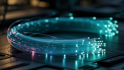 Illuminated Fiber Optic Cables Emitting Blue-Pink Glow on Circuit Surface Representing High-Speed Data Transmission