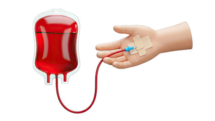Close up of a red blood bag connected to a human hand with an IV drip inserted into the wrist isolated on a transparent background medical concept