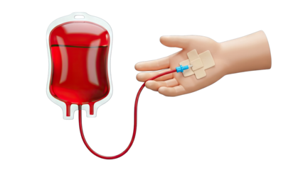 Close up of a red blood bag connected to a human hand with an IV drip inserted into the wrist isolated on a transparent background medical concept