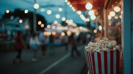 Classic red and white popcorn box at night carnival or amusement park with blurred lights