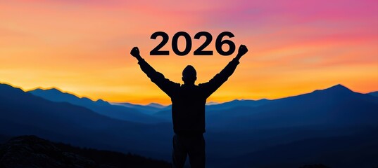 Man silhouette raising numbers 2026 on mountain top, celebrating new year success and future achievements