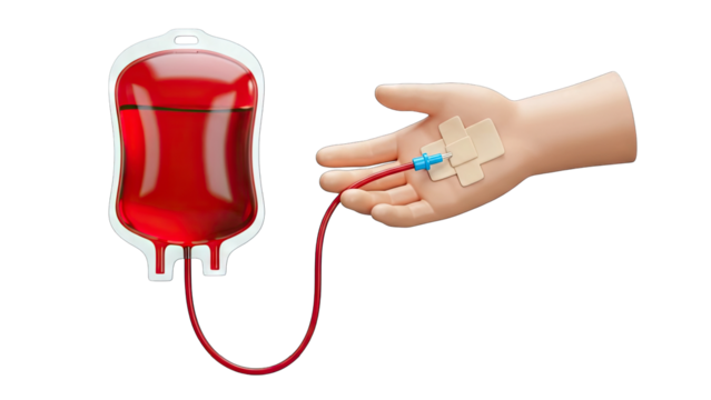 Close up of a red blood bag connected to a human hand with an IV drip inserted into the wrist isolated on a transparent background medical concept
