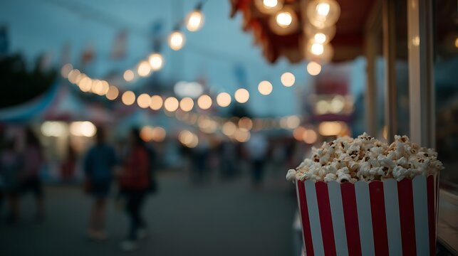 Classic red and white popcorn box at night carnival or amusement park with blurred lights - Powered by Adobe