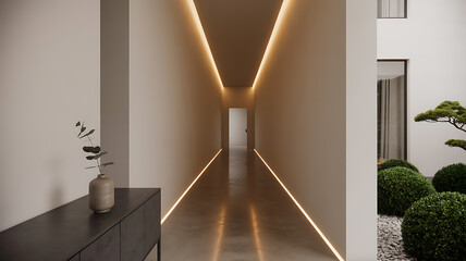 Minimalist Hallway with Integrated Lighting and Courtyard View in Contemporary Architectural Space