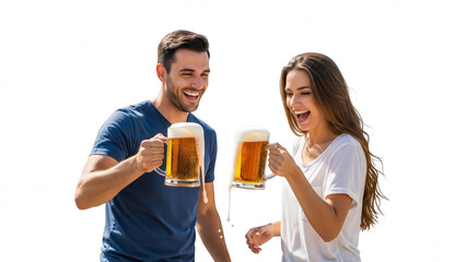 Happy couple toasting with beer mugs outdoors