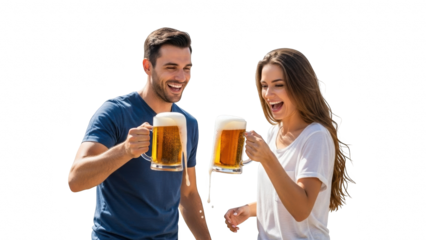 Happy couple toasting with beer mugs outdoors