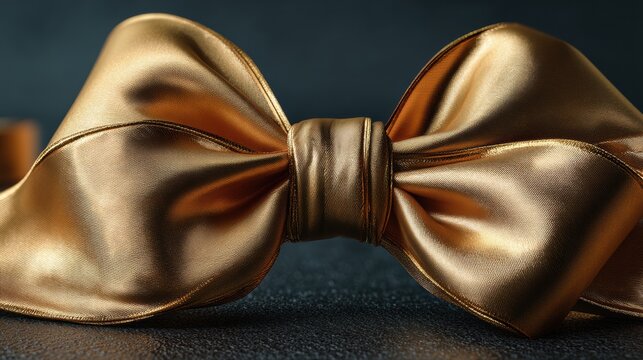 Luxurious satin gold bow with metallic sheen on black surface for premium packaging holiday branding high-end advertising product display and elegant gift presentation

