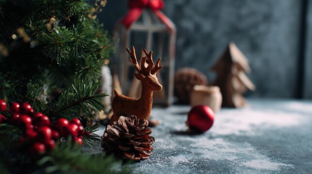 Wooden reindeer pine cone red berry Christmas ornament pine branch fir tree holiday decoration cozy festive scene with bauble and lantern