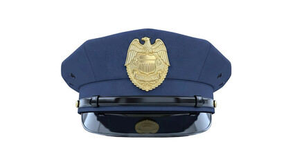 Dark Blue Police Officer Hat With Gold Emblem Centered on Front Black Brim Detailed Realistic Studio Shot Isolated on Transparent Background