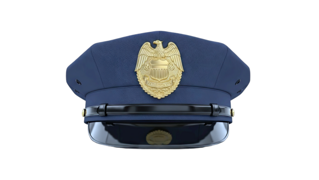 Dark Blue Police Officer Hat With Gold Emblem Centered on Front Black Brim Detailed Realistic Studio Shot Isolated on Transparent Background