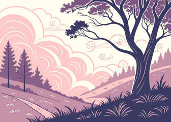 Serene Landscape Illustration: A tranquil illustration showcases a picturesque scene with soft colors and minimalist elements, creating a sense of peace and tranquility. 