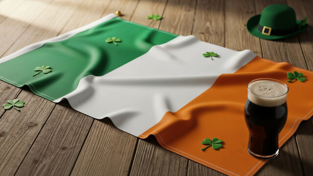 Irish flag with shamrocks and beer symbolizing St. Patrick’s Day celebration - Powered by Adobe