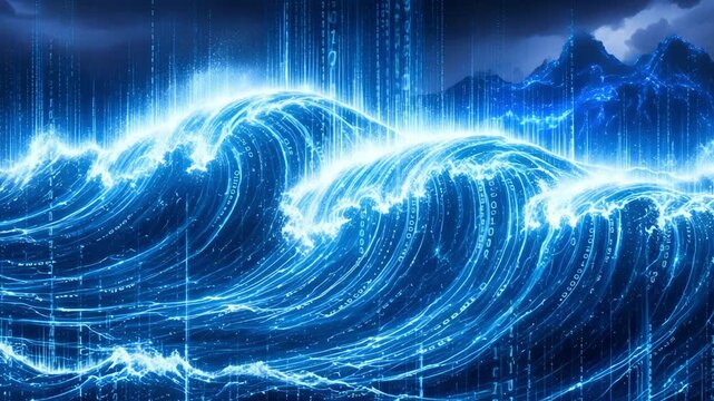 Dynamic digital waves surging powerfully with binary code rain, a modern technology storm for future innovation concepts