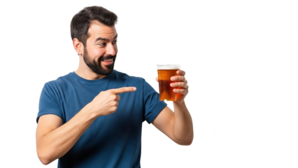 Man with beard holding and pointing at a glass of beer