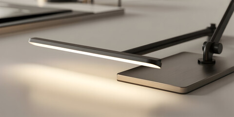 Modern LED desk lamp with adjustable arm, illuminating a workspace.