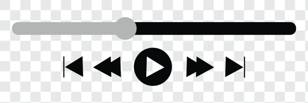 Music or video play bar icon. Audio player for songs or podcast playlist. Play, shuffle, repeat, rewind and fast forward buttons. Template of media player playback panel