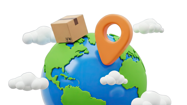 Conceptual 3D Illustration of a Cardboard Parcel Resting on a Globe Near an Orange Location Marker Surrounded by Fluffy White Clouds Against a Transparent Background for Global Delivery Services