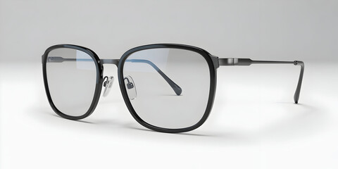 Stylish black framed eyeglasses with clear lenses on a white background.