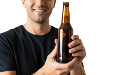 Smiling man holding a bottle of amber colored beverage