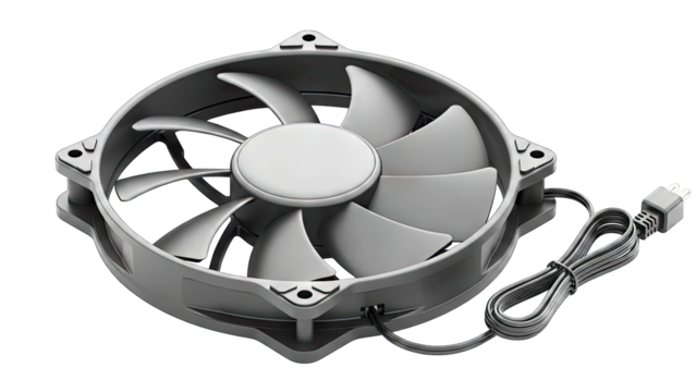 Cooling Fan With Nine Blades And Power Cable Against Transparent Background Modern Computer Hardware Component