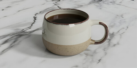 Coffee mug with brown rim on a marble countertop close up view.
