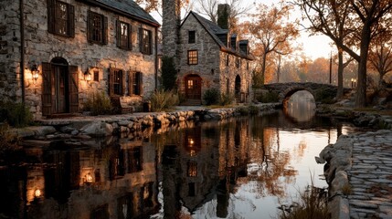 Stone Buildings Reflected in Calm Water at Dusk