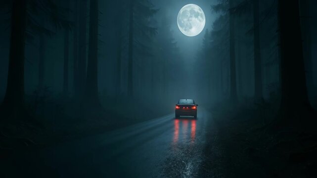 A lone car with glowing red taillights drives down a wet, foggy forest road at night, illuminated by an eerie full moon hanging low in the misty sky.
