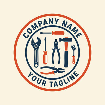 Vintage handyman tools logo template with wrench and hammer.