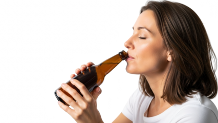 Woman enjoying a refreshing drink from a beer bottle