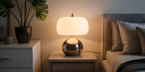 Nightstand lamp illuminates a peaceful bedroom scene with plants and bed.