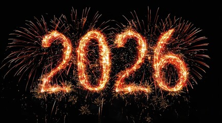 Number 2026 forming from glowing sparkler fireworks against a dark sky, celebrating the new year with copy space