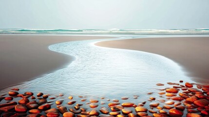 Stream flowing into ocean, with rocks on beach