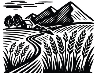 Hand drawn illustration of a rural wheat field scene with hills in the background