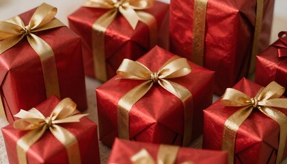 Christmas xmas or celebration holiday festive greeting card - Closeup of many different red presents gift boxes with gold ribbon created with generative ai