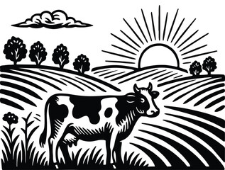 Hand drawn illustration of cow in pasture with sun and fields.