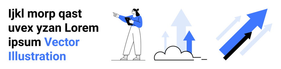 Fototapeta premium Woman gesturing towards futuristic arrows, symbolizing direction, success, and progress. Ideal for business, leadership, motivation, strategy, growth education simple landing page