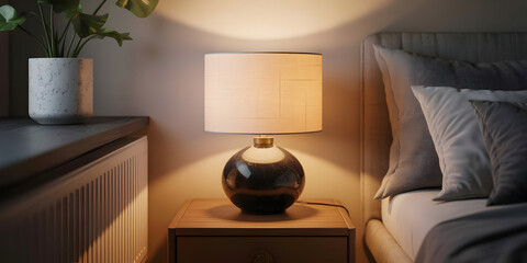 Cozy bedroom scene featuring bedside lamp, plant, and comfortable bed.